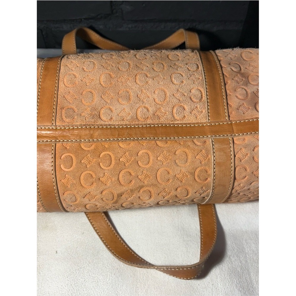 Celine Vintage C Macadam Monogram Suede Barrel Bag Peach Tan Leather Trim - Picture 5 of 6